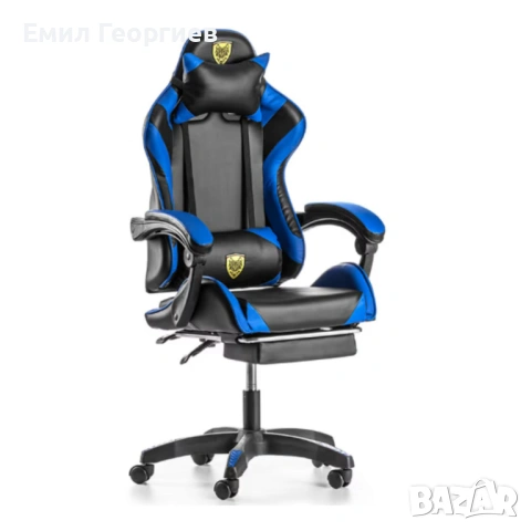Геймърски стол с поставка за крака – черно-син, въртящ, с масажна функция и спортен дизайн, снимка 9 - Столове за офис - 53237305
