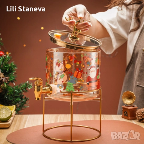 Стъклен диспенсър за напитки 2.6 L с коледен дизайн и златиста стойка. , снимка 4 - Декорация за дома - 52921192