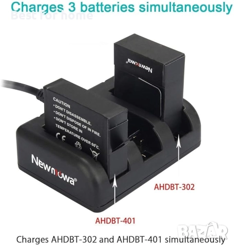 Newmowa 1200mAh акумулаторна батерия AHDBT-401 (3 броя) и 3-канално зарядно за Gopro  камера, снимка 4 - Батерии, зарядни - 52533380