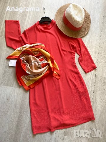 Страхотна рокля в цвят корал Aaiko & подарък нов шал Alba moda, снимка 7 - Рокли - 36984404