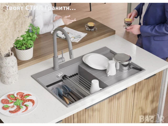 Сива гранитна кухненска мивка Сидни 780-45 Ergo Multilevel 780х500, снимка 2 - Мивки - 51204849