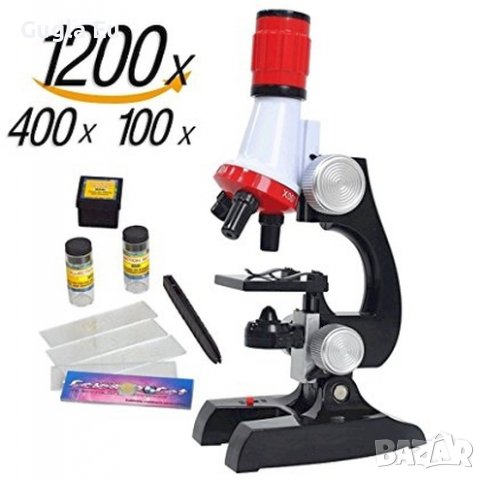 Микроскоп с подсветка, увеличение 100x, 400x, 1200х, накрайник за фокусиране и аксесоари. , снимка 1 - Ученически пособия, канцеларски материали - 37863237