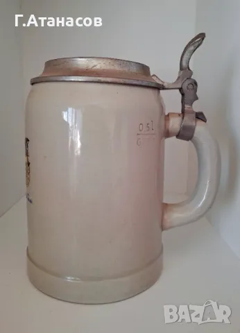 Старинна немска керамична халба с гравиран калаен капак на марката бира T & T , снимка 5 - Антикварни и старинни предмети - 49267520