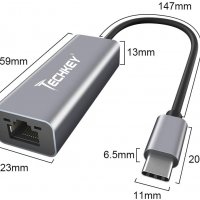 Techkey  USB Type C LAN адаптер 10/100/1000 Mbps, USB to RJ45 Ethernet, ASIX 88179, снимка 4 - Мрежови адаптери - 35462234