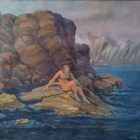 Картина, море,скали, 1961г., худ. Вл. Йорданов (1890-1983), снимка 2 - Картини - 43300949