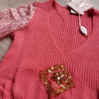 Нов розов пуловер с дантела на намаление, снимка 3 - Блузи с дълъг ръкав и пуловери - 26559130