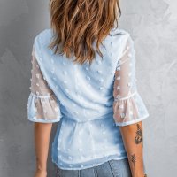 Дамска блуза в синьо с принт на точки и колан, снимка 4 - Корсети, бюстиета, топове - 40499342