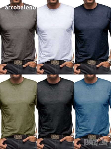 Мъжка едноцветна памучна тениска с кръгло деколте и дълъг ръкав, 6цвята, снимка 1