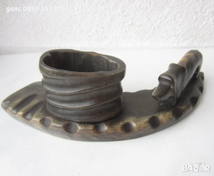 Стара мастилница или моливник от рог с дакел, ваза, кутия, гривна, куче - мастилница от метал, снимка 1