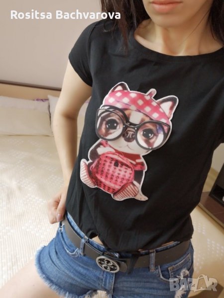 Черен топ с 3D картинка, S/M размер, снимка 1