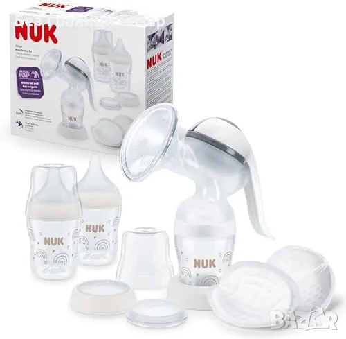 Нова NUK Ръчна Помпа + 2 Шишета + Подплънки за Кърмене Комплект кърма, снимка 1