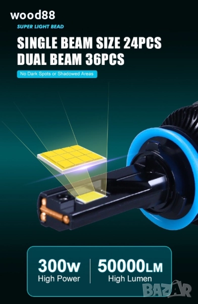 ЛЕД  ДИОДНИ КРУШКИ 300W -50000 лумена (реални) h1,h7,h4,h11,h3,h8, снимка 1