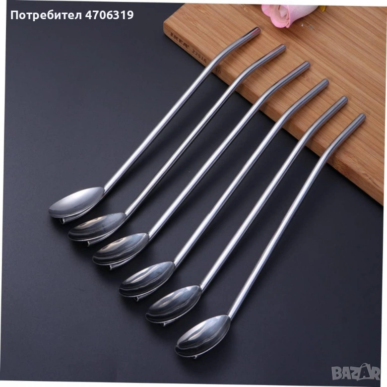 Комплект от 6 бр.метални лъжици със сламки 2в1+подарък четка, снимка 1