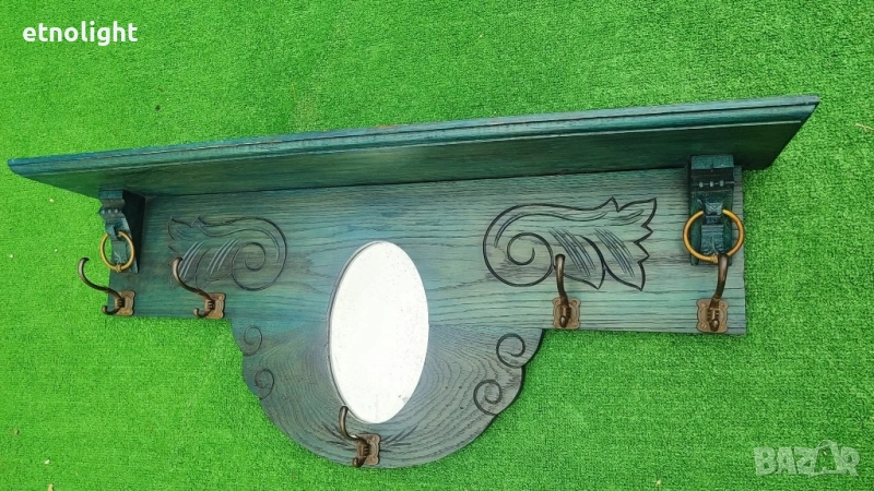 Уникална старинна антикварна дървена закачалка с рафт, огледало и дърворезба , снимка 1