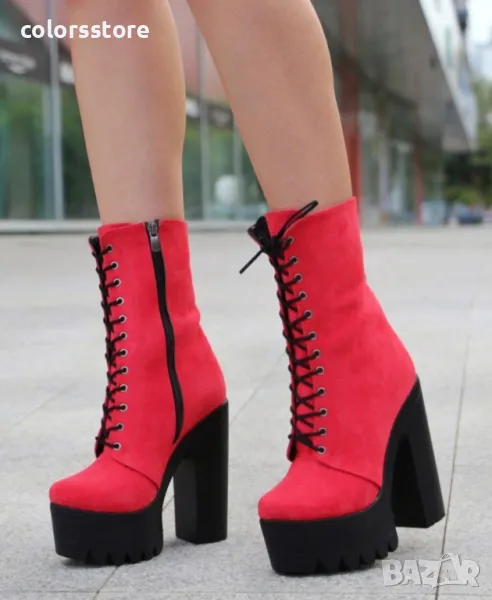 Боти на ток - червен велур с черно ходило - 592, снимка 1