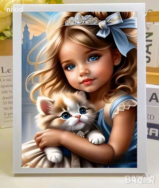 Нежно дете момиченце с коте 5D гоблен диамантен картина мозайка за направа по схема с камъчета, снимка 1