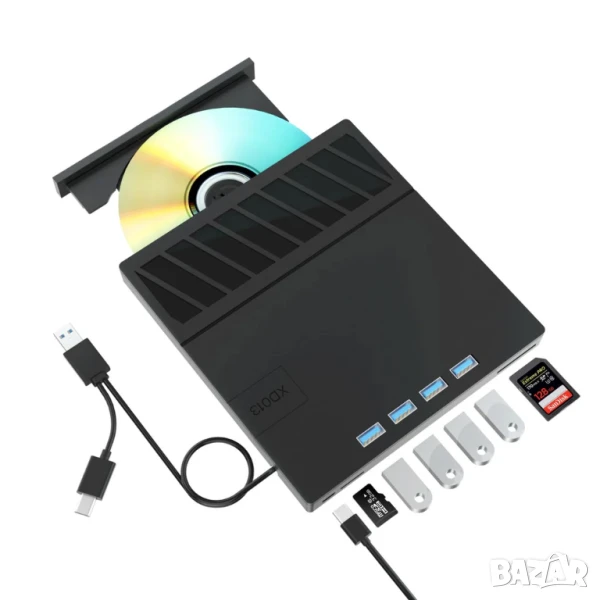 Външно CD/DVD Blu-ray записвачка 4 USB 3.0/Type-C и 2 SD карти за лаптоп Linux Windows Mac OS, снимка 1