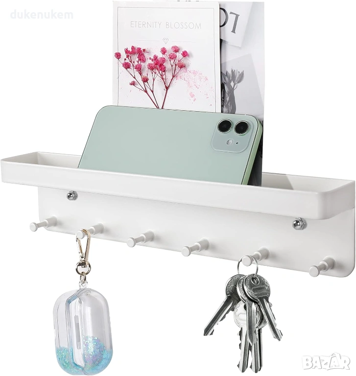 Стенна закачалка за ключове с рафт от неръждаема стомана – 6 куки, снимка 1