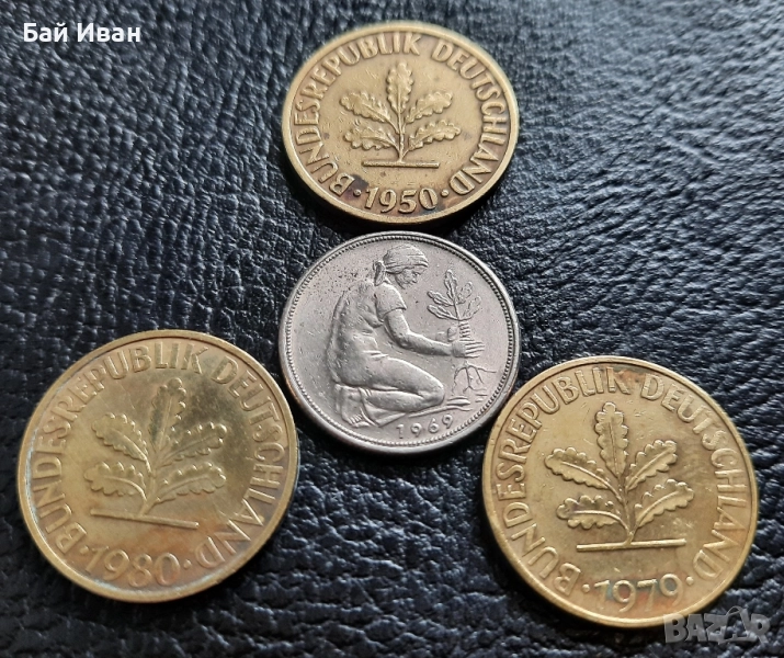Стара монета 50 пфенига 1969 г. и 10 пфенига 1950 , 1979 и 1980 г.- Германия - топ цена !, снимка 1