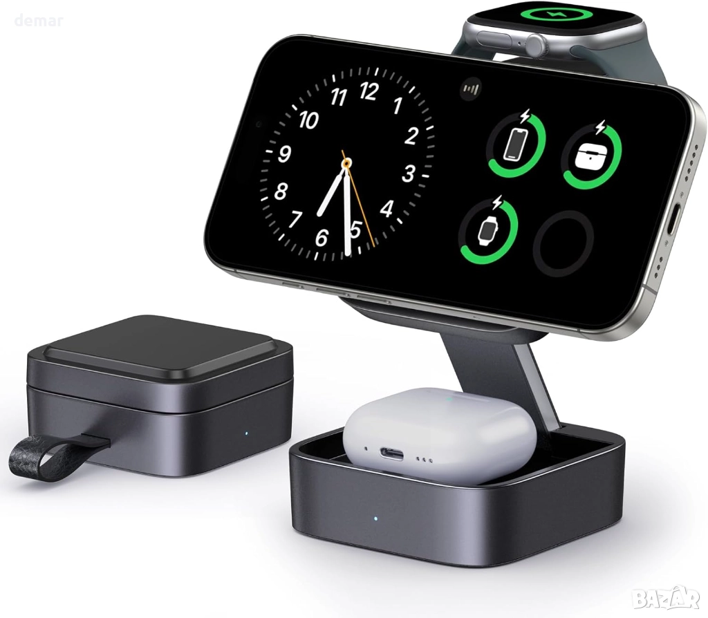 Keepro 3 в 1 безжична зарядна станция за iPhone, магнитна, преносима, MagSafe, снимка 1