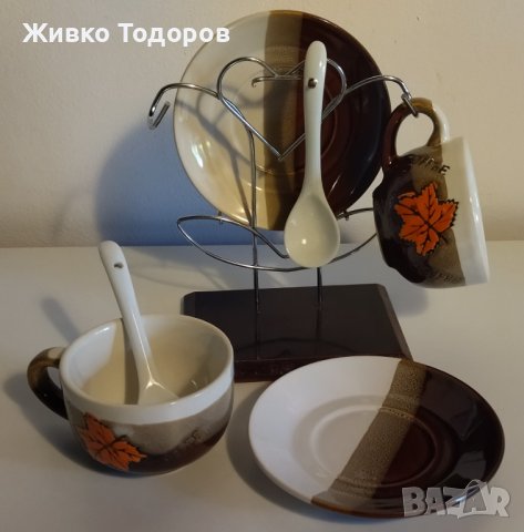 Чаши и лъжици от порцелан с поставка от метал и дърво (за двама), снимка 3 - Чаши - 38181246