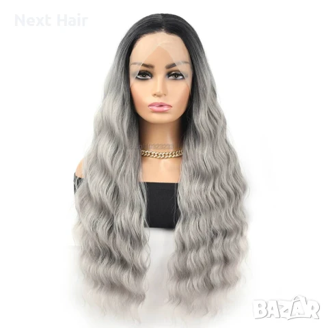 Висококачествена дантелена сива омбре перука с тъмни корени лейс фронт, снимка 6 - Аксесоари за коса - 51120112