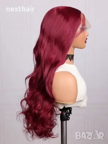 Тъмно червена бордо вълнообразна перука на път с дантела 13*4*1, снимка 4 - Аксесоари за коса - 50046173