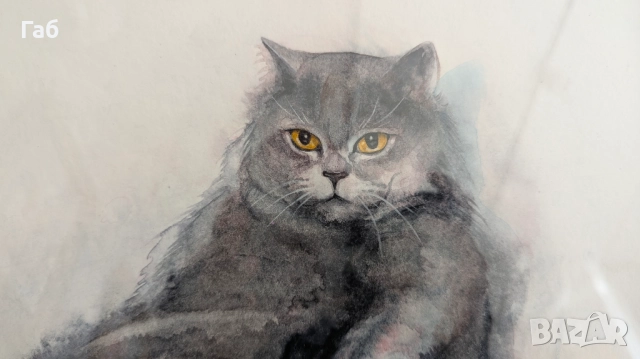 Невероятен Акварел, пухкава котка, изкуство, авторска картина, оригинал, коте, коледен подарък, снимка 2 - Картини - 52733226