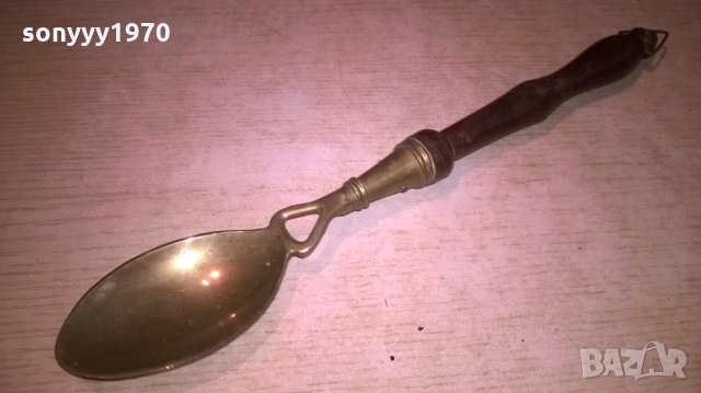 ретро лъжица-32х5см-мед/месинг и дърво-внос франция, снимка 3 - Колекции - 27114181