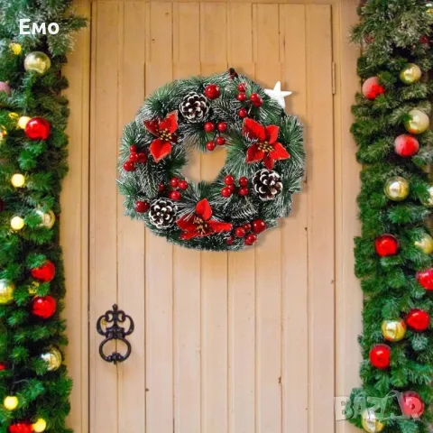Коледен венец за декорация с шишарки и изкуствени коледни звезди, снимка 3 - Декорация за дома - 48254388