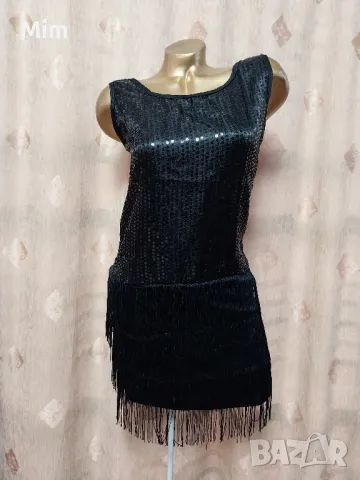 S/M Черна,къса  рокля с пайети и ресни, снимка 3 - Рокли - 47542092