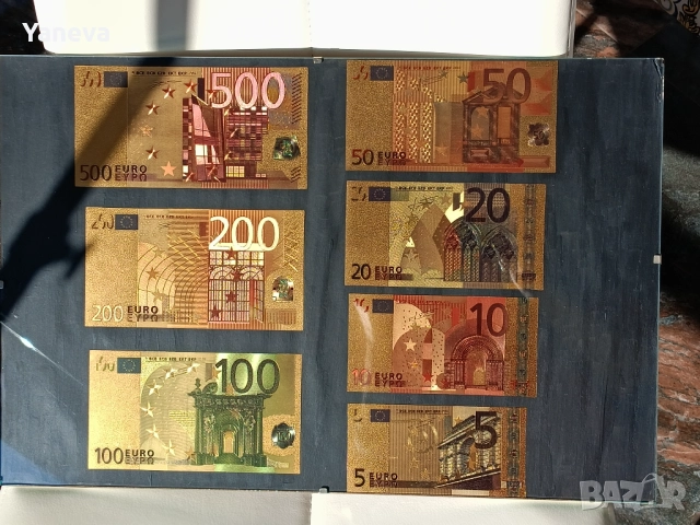 Евро банкноти, златисти , двустранни плакети в рамка с размер 45 / 30 см., снимка 2 - Нумизматика и бонистика - 52800775