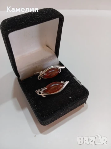 Сребърни обеци с кехлибар , снимка 3 - Обеци - 51316783