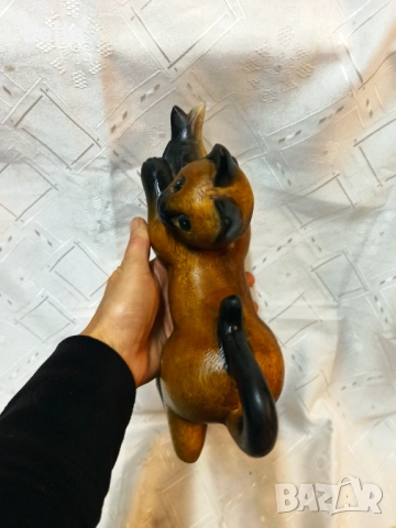 Ръчно резбована масивна дървена фигура на котка – 22 см дължина!, снимка 4 - Антикварни и старинни предмети - 52582382