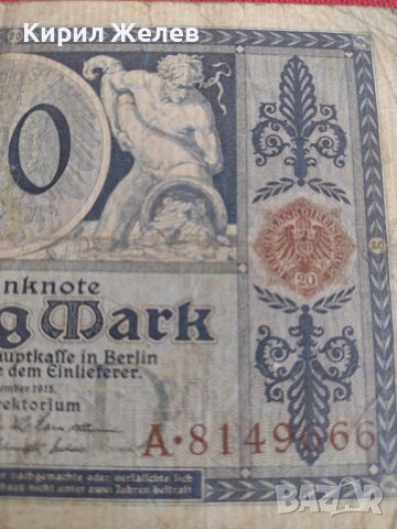 Райх банкнота 20 марки 1915г. Германия рядка за колекционери 28277, снимка 3 - Нумизматика и бонистика - 37142086
