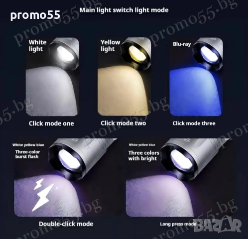 Високомощен Алуминиев Акумулаторен Фенер с Лазерен лъч в Три Цвята, снимка 4 - Екипировка - 52572797