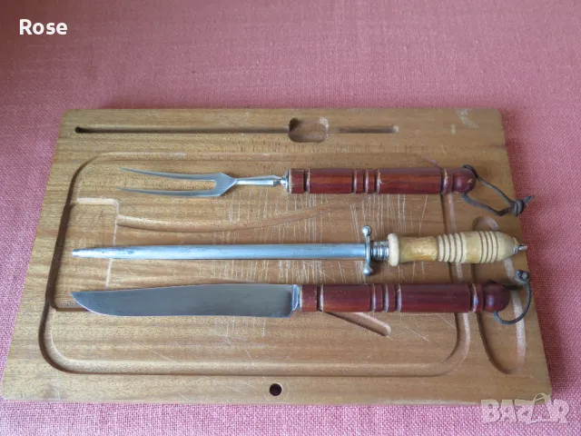 Нож и вилица,масат Солинген ,ЗА СКАРА,БАРБЕКЮ,дъска за рязане -тиково дърво, снимка 3 - Прибори за хранене, готвене и сервиране - 49279976