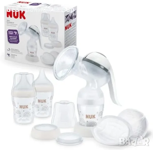 Нова NUK Ръчна Помпа + 2 Шишета + Подплънки за Кърмене Комплект кърма