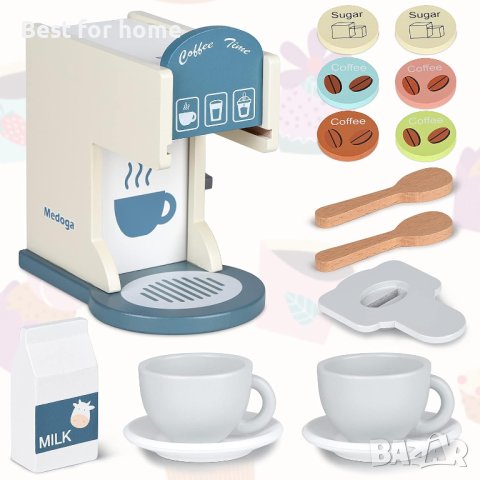 Дървен детски комплект- кафе машина с аксесоари от MEDOGA 16 части, снимка 2 - Образователни игри - 44124496