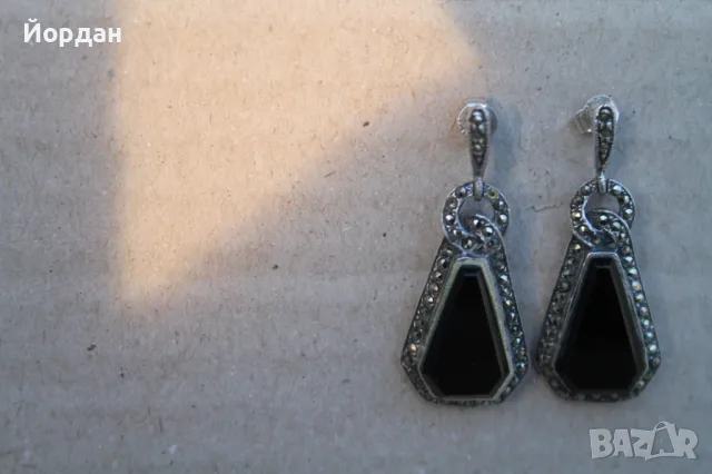 Сребърни обици с маркезити и оникс, снимка 3 - Обеци - 48942686