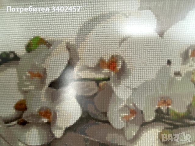 Гоблен с мъниста в рамка, 93 х 33 см, орхидеи, снимка 4 - Гоблени - 53223284