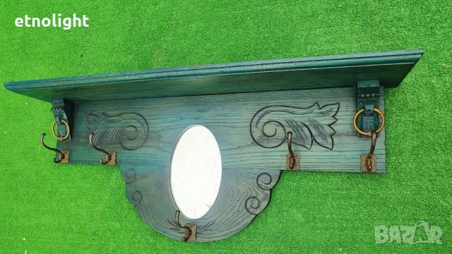 Уникална старинна антикварна дървена закачалка с рафт, огледало и дърворезба 
