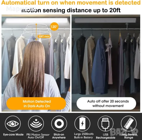 Безжична магнитна LED лампа с датчик 45см. / 2500mAh / Лампа Под Шкаф / Лампа за Гардероб, снимка 16 - Лед осветление - 49315349