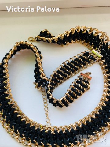 Разкошно колие и гривна.Синджир и кожа, снимка 2 - Бижутерийни комплекти - 27041817