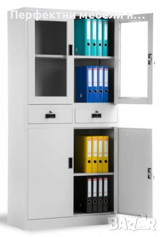 Метални шкафове с чекмеджета и стъклени врати в различни размери и цветове