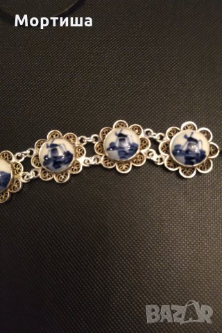  Блу Делфт антикварна сребърна гривна с порцелан    , снимка 3 - Гривни - 28789797