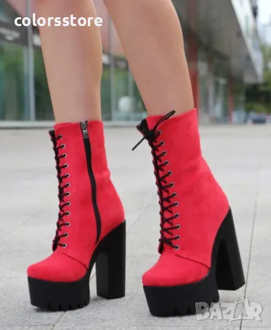 Боти на ток - червен велур с черно ходило - 592