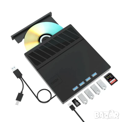 Външно CD/DVD Blu-ray записвачка 4 USB 3.0/Type-C и 2 SD карти за лаптоп Linux Windows Mac OS