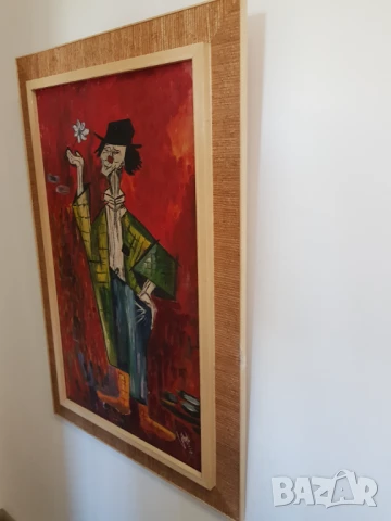 Стара картина на клоун, масло/платно,1965година ,подписана, снимка 3 - Картини - 50531663
