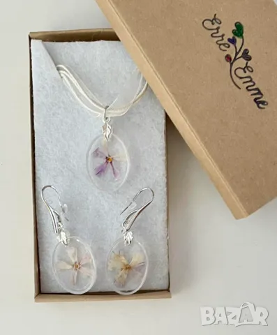 Ръчно изработени комплекти от бижутерийна смола, естествени цветя и материали, снимка 4 - Бижутерийни комплекти - 46690759